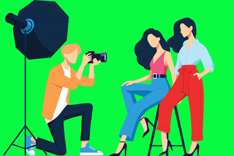 Eine illustrative Darstellung eines professionellen Studio-Shootings mit einem Fotografen, zwei Models und Greenscreen, perfekt geeignet für Blog-Beiträge zu Themen wie Preise fotografen und Fotografie Kosten.